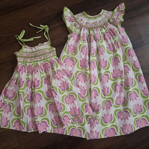 Matching Pink and Green Sister Dresses